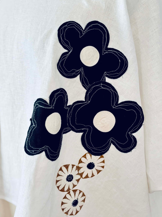 Alexa | White Linen with Black & Brown Flowers