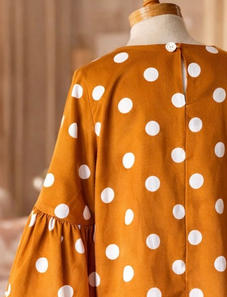 Gathered T-shirt | Mustard & White polka dots