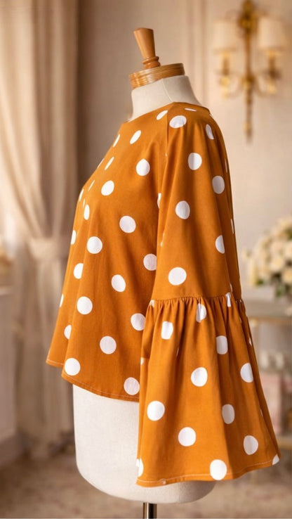 Gathered T-shirt | Mustard & White polka dots
